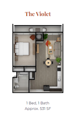 Floor plan for 1 bed, 1 bath, 531 sqft